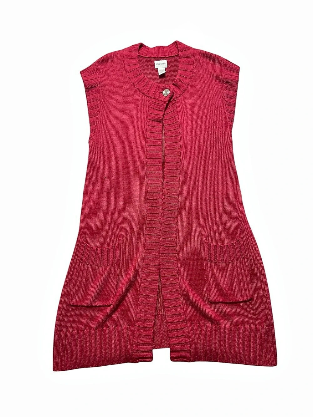 Chico's Red Bamboo Cotton Knit Long Vest Cardigan Sweater Pockets Size 1 Medium